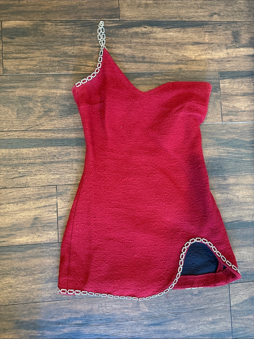 Zara Red One-Shoulder Mini Dress with Chain Trim